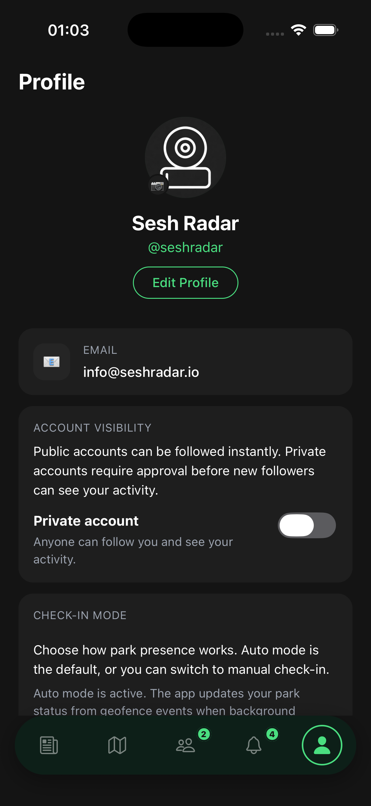 Rider profile in Sesh Radar